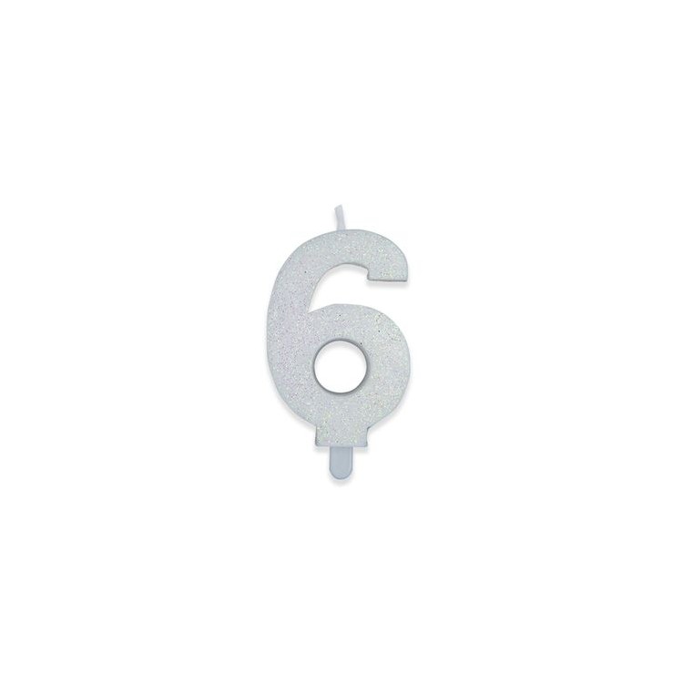 Candelina di cera  8 cm numero 6 di colore Bianco  con brillantini incorporati   pz 1