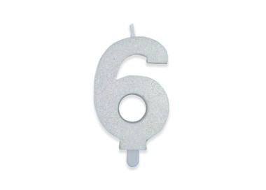 Candelina di cera  8 cm numero 6 di colore Bianco  con brillantini incorporati   pz 1