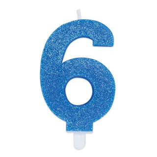 Candelina di cera  8 cm numero 6 di colore celeste   con brillantini incorporati   pz 1