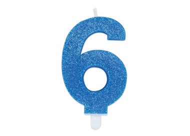 Candelina di cera  8 cm numero 6 di colore celeste   con brillantini incorporati   pz 1