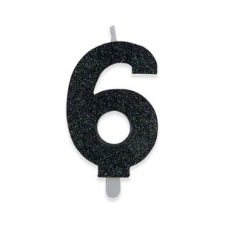 Candelina di cera  8 cm numero 6 di colore Nero  con brillantini incorporati   pz 1
