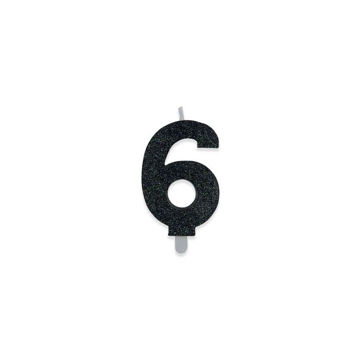 Candelina di cera  8 cm numero 6 di colore Nero  con brillantini incorporati   pz 1