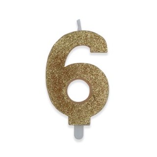 Candelina di cera  8 cm numero 6 di colore Oro  con brillantini incorporati   pz 1