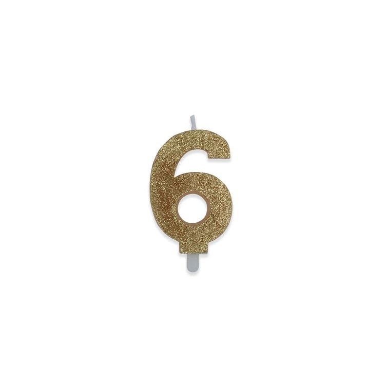 Candelina di cera  8 cm numero 6 di colore Oro  con brillantini incorporati   pz 1