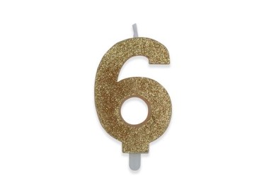 Candelina di cera  8 cm numero 6 di colore Oro  con brillantini incorporati   pz 1