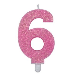 Candelina di cera  8 cm numero 6 di colore rosa   con brillantini incorporati   pz 1