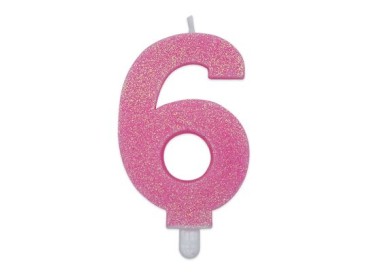 Candelina di cera  8 cm numero 6 di colore rosa   con brillantini incorporati   pz 1