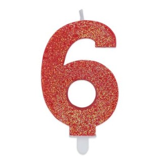 Candelina di cera  8 cm numero 6 di colore rosso   con brillantini incorporati   pz 1