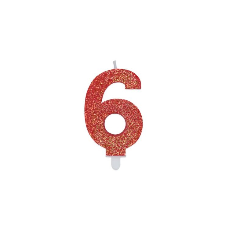 Candelina di cera  8 cm numero 6 di colore rosso   con brillantini incorporati   pz 1