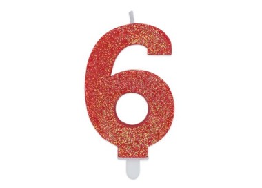 Candelina di cera  8 cm numero 6 di colore rosso   con brillantini incorporati   pz 1