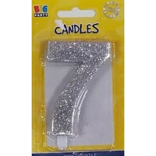 Candelina di cera  8 cm numero 7 di colore argento  con brillantini incorporati   pz 1