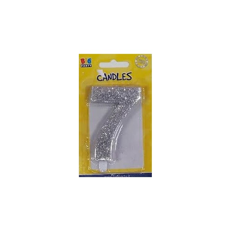 Candelina di cera  8 cm numero 7 di colore argento  con brillantini incorporati   pz 1