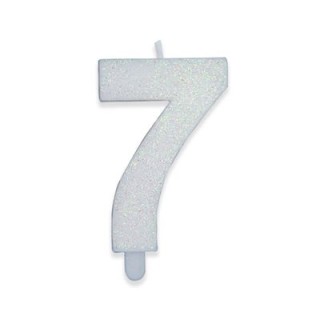 Candelina di cera  8 cm numero 7 di colore Bianco  con brillantini incorporati   pz 1