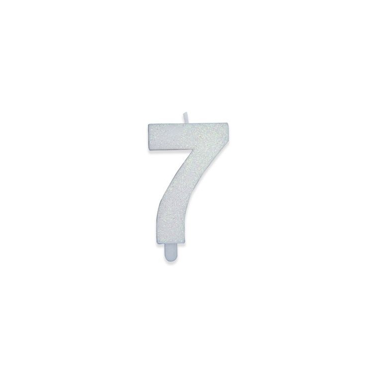 Candelina di cera  8 cm numero 7 di colore Bianco  con brillantini incorporati   pz 1