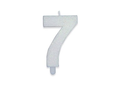 Candelina di cera  8 cm numero 7 di colore Bianco  con brillantini incorporati   pz 1