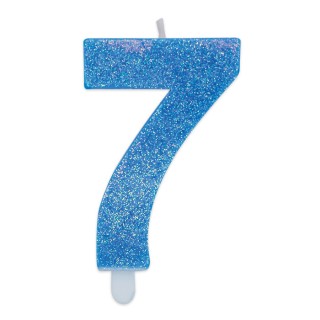 Candelina di cera  8 cm numero 7 di colore celeste   con brillantini incorporati   pz 1