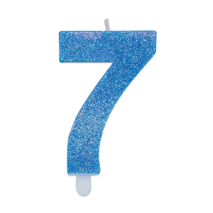 Candelina di cera  8 cm numero 7 di colore celeste   con brillantini incorporati   pz 1