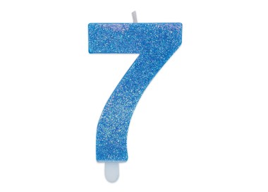Candelina di cera  8 cm numero 7 di colore celeste   con brillantini incorporati   pz 1