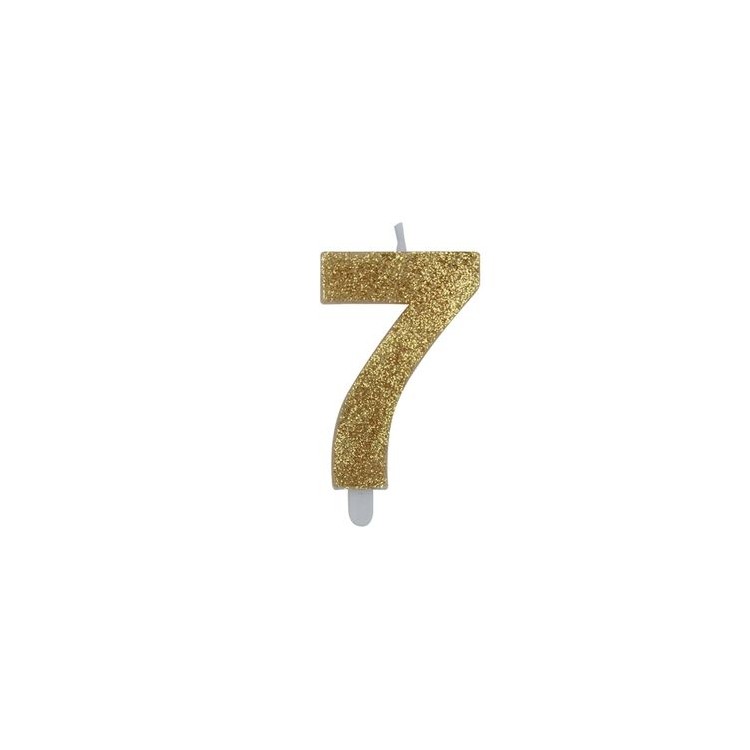 Candelina di cera  8 cm numero 7 di colore Oro  con brillantini incorporati   pz 1