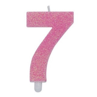 Candelina di cera  8 cm numero 7 di colore rosa   con brillantini incorporati   pz 1