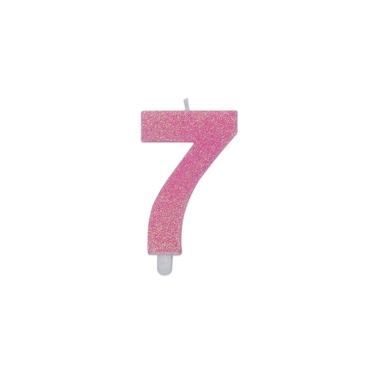 Candelina di cera  8 cm numero 7 di colore rosa   con brillantini incorporati   pz 1