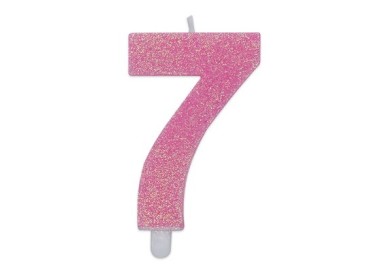 Candelina di cera  8 cm numero 7 di colore rosa   con brillantini incorporati   pz 1
