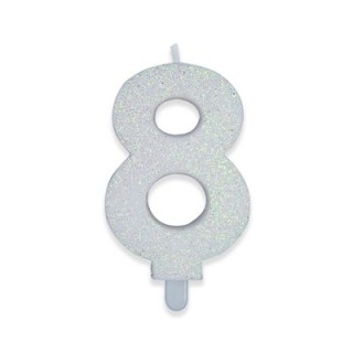 Candelina di cera  8 cm numero 8 di colore Bianco  con brillantini incorporati   pz 1