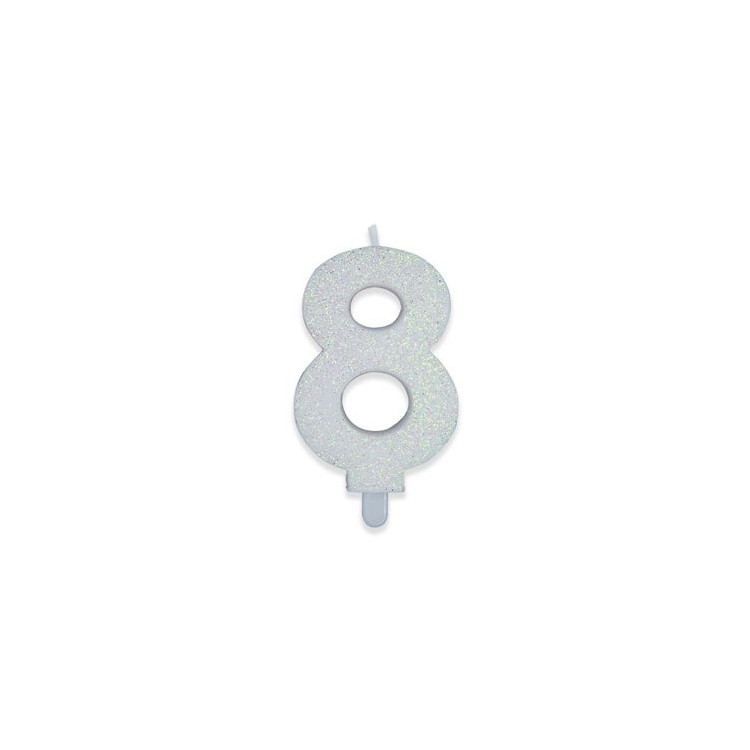 Candelina di cera  8 cm numero 8 di colore Bianco  con brillantini incorporati   pz 1