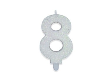 Candelina di cera  8 cm numero 8 di colore Bianco  con brillantini incorporati   pz 1