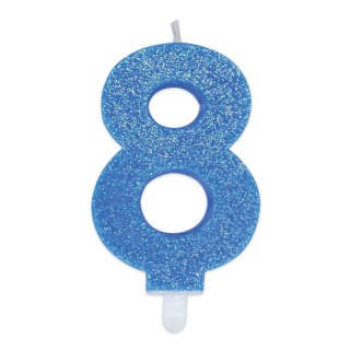 Candelina di cera  8 cm numero 8 di colore celeste   con brillantini incorporati   pz 1