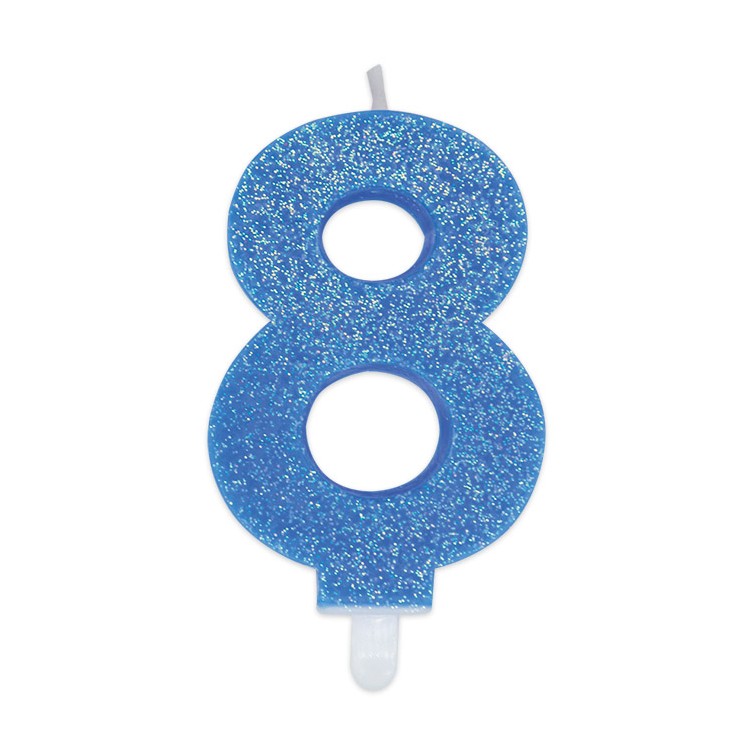 Candelina di cera  8 cm numero 8 di colore celeste   con brillantini incorporati   pz 1