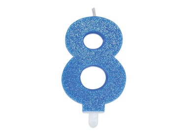 Candelina di cera  8 cm numero 8 di colore celeste   con brillantini incorporati   pz 1