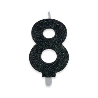 Candelina di cera  8 cm numero 8 di colore Nero  con brillantini incorporati   pz 1