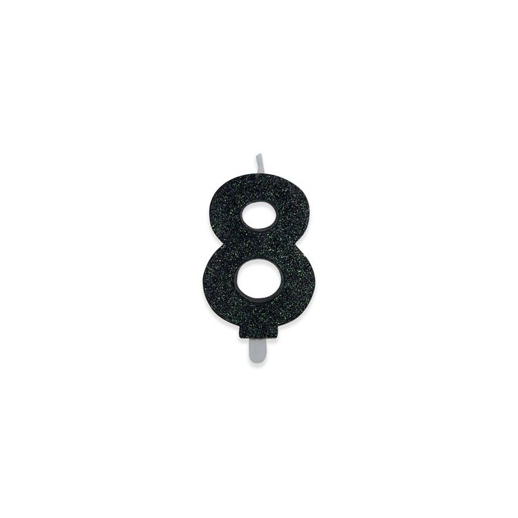 Candelina di cera  8 cm numero 8 di colore Nero  con brillantini incorporati   pz 1