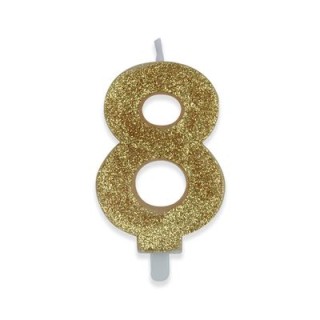 Candelina di cera  8 cm numero 8 di colore Oro  con brillantini incorporati   pz 1