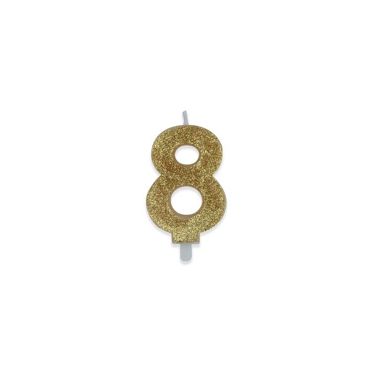 Candelina di cera  8 cm numero 8 di colore Oro  con brillantini incorporati   pz 1