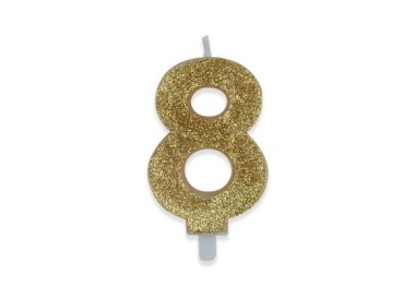 Candelina di cera  8 cm numero 8 di colore Oro  con brillantini incorporati   pz 1
