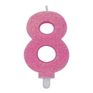 Candelina di cera  8 cm numero 8 di colore rosa   con brillantini incorporati   pz 1