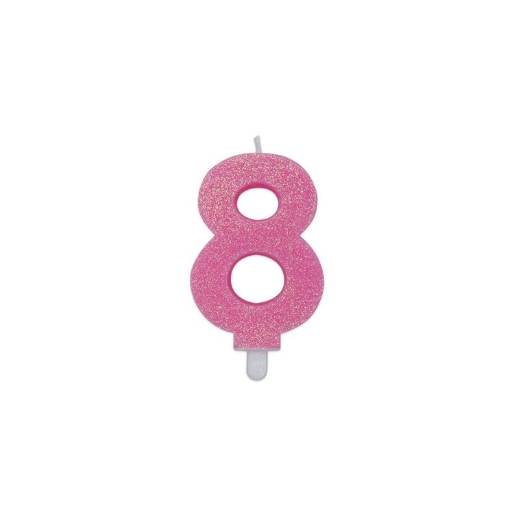 Candelina di cera  8 cm numero 8 di colore rosa   con brillantini incorporati   pz 1