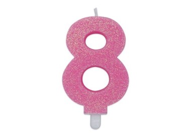 Candelina di cera  8 cm numero 8 di colore rosa   con brillantini incorporati   pz 1