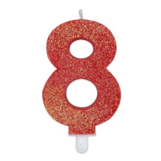 Candelina di cera  8 cm numero 8 di colore rosso   con brillantini incorporati   pz 1