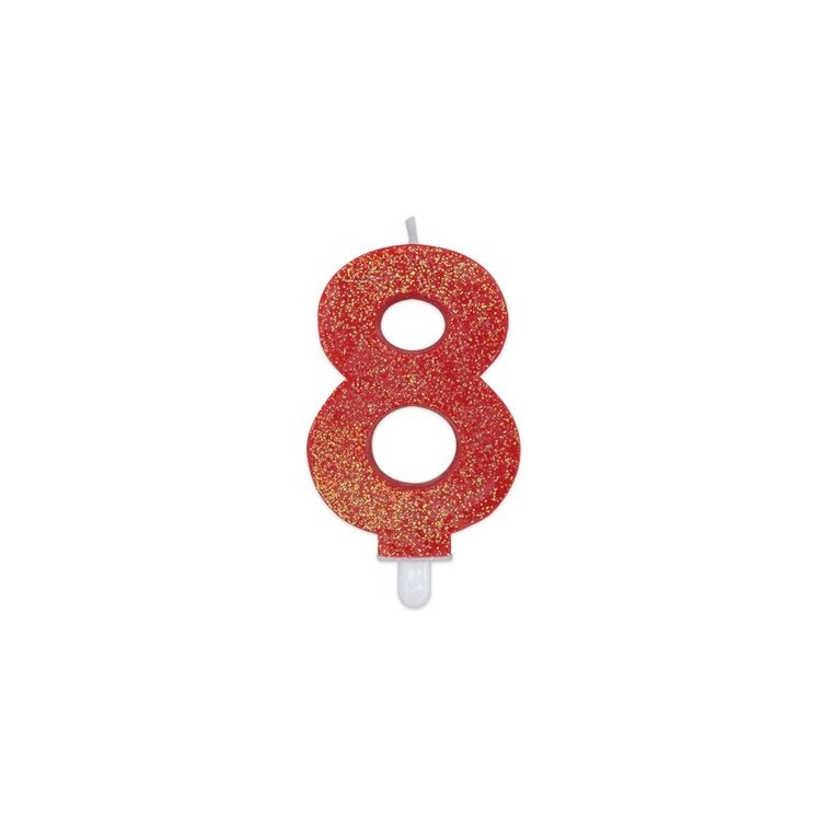Candelina di cera  8 cm numero 8 di colore rosso   con brillantini incorporati   pz 1