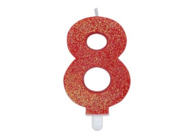 Candelina di cera  8 cm numero 8 di colore rosso   con brillantini incorporati   pz 1