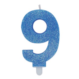 Candelina di cera  8 cm numero 9 di colore celeste   con brillantini incorporati   pz 1