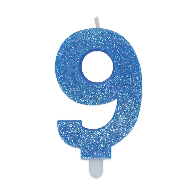 Candelina di cera  8 cm numero 9 di colore celeste   con brillantini incorporati   pz 1