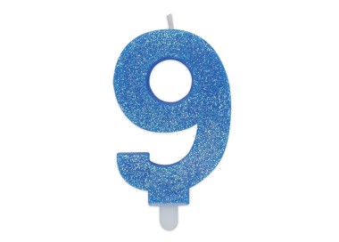 Candelina di cera  8 cm numero 9 di colore celeste   con brillantini incorporati   pz 1