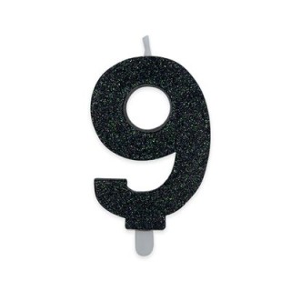 Candelina di cera  8 cm numero 9 di colore Nero  con brillantini incorporati   pz 1