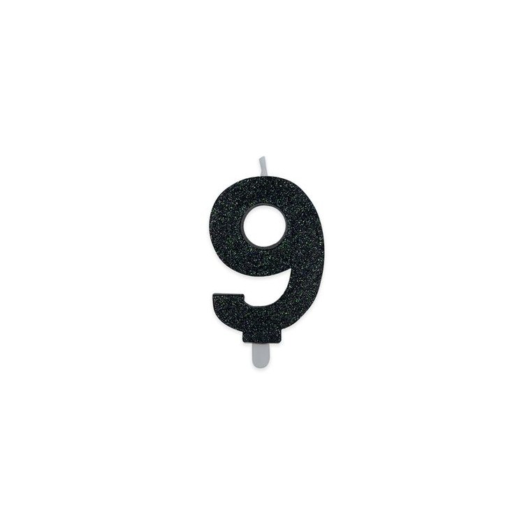 Candelina di cera  8 cm numero 9 di colore Nero  con brillantini incorporati   pz 1