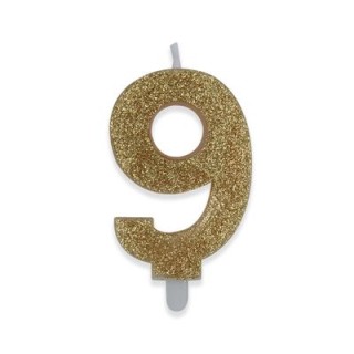 Candelina di cera  8 cm numero 9 di colore Oro  con brillantini incorporati   pz 1