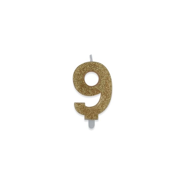 Candelina di cera  8 cm numero 9 di colore Oro  con brillantini incorporati   pz 1